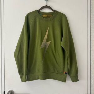 Aviator Nation Olive Green Sweatshirt with Rose Lightning Bolt